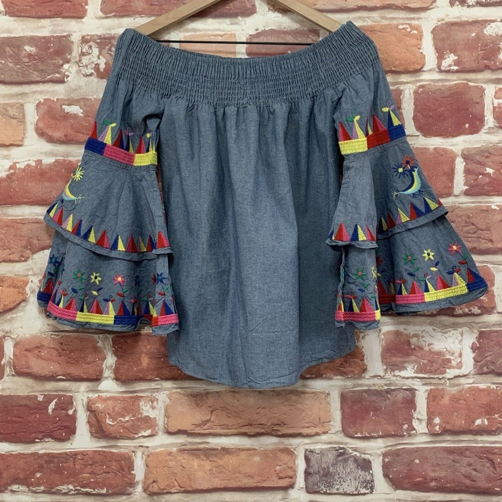 Va Va By Joy Han Top Women's Small Blue Denim Boho Embroidered Bird Blouse